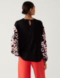 Leaf Print Gathered Neck Blouson Sleeve Top