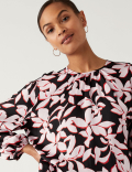 Leaf Print Gathered Neck Blouson Sleeve Top