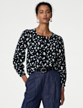 Printed Crew Neck Button Through Blouse