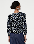 Printed Crew Neck Button Through Blouse