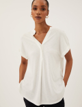 Jersey V-Neck Short Sleeve Popover Blouse