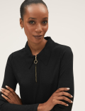 Ribbed Collared Fitted Long Sleeve Top