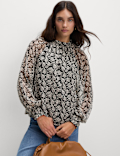 Sheer Floral Printed Long Blouson Sleeve Blouse