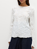 Lace Textured Crew Neck Blouse