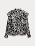 Printed Sparkly Shirred High Neck Ruffle Blouse