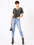 Metallic Twist Front V-Neck Short Sleeve Top