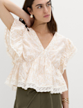 Pure Cotton Ruffle Embroidered Detail Blouse