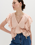 Pure Cotton Ruffle Embroidered Detail Blouse