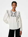 Pure Cotton Embroidered Frill Detail Blouse