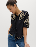 Pure Cotton Embroidered Collared Blouse