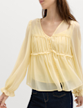 V-Neck Ruffle Detail Long Sleeve Blouse