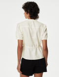 Linen Rich Embroidered High Neck Blouse