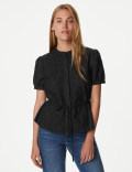 Linen Rich Embroidered High Neck Blouse