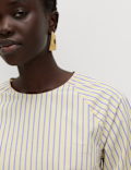 Pure Cotton Striped Round Neck Peplum Blouse Co Ord