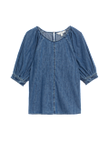 Pure Cotton Denim Puff Sleeve Blouse