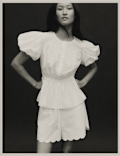 Pure Cotton Puff Sleeve Drawstring Waisted Top