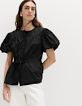 Pure Cotton Puff Sleeve Drawstring Waisted Top