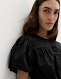 Pure Cotton Puff Sleeve Drawstring Waisted Top