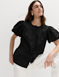 Pure Cotton Puff Sleeve Drawstring Waisted Top