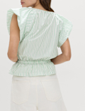 Pure Cotton Striped Puff Sleeve Drawstring Top