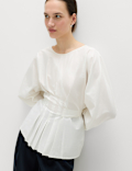 Pure Cotton Pleat Tie Detail Blouse