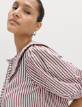Pure Cotton Striped Oversized Collar Tie Detail Shirt