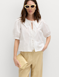Pure Cotton Striped Oversized Collar Tie Detail Shirt