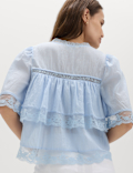 Pure Cotton V-Neck Lace Insert Blouse