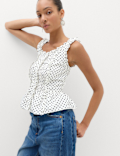 Pure Cotton Polka Dot Ruffle Detail Peplum Top