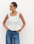 Pure Cotton Polka Dot Ruffle Detail Peplum Top