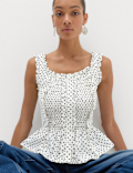 Pure Cotton Polka Dot Ruffle Detail Peplum Top