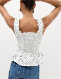 Pure Cotton Polka Dot Ruffle Detail Peplum Top