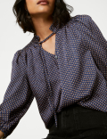 Printed Frill Neck Tie Front Popover Blouse