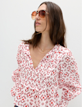 Cotton Rich Tie Neck Puff Sleeve Blouse