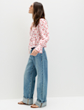 Cotton Rich Tie Neck Puff Sleeve Blouse