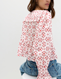 Cotton Rich Tie Neck Puff Sleeve Blouse