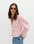Cotton Rich Tie Neck Puff Sleeve Blouse