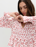 Cotton Rich Tie Neck Puff Sleeve Blouse