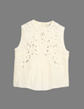 Pure Cotton Studded Embroidered Lace Trim Top