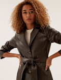 Faux Leather Belted Trench Coat