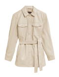 Faux Leather Belted Collared Shacket