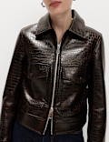 Faux Leather Croc Harrington Jacket