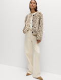 Faux Fur Animal Print Collarless Jacket