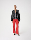 Faux Leather Bubble Hem Bomber Jacket