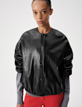 Faux Leather Bubble Hem Bomber Jacket