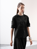 Pure Cotton Embroidered Round Neck Short Sleeve Blouse