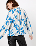 Leaf Print High Neck Relaxed Blouse