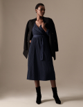 Jersey Plisse V-Neck Midi Wrap Dress