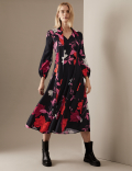 Floral Scarf Neck Midaxi Waisted Dress
