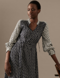 Printed Tie Neck Midaxi Waisted Dress